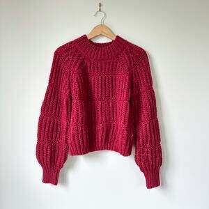 HYFVE Chunky-Knit Crew Neck Long Sleeve Cropped Pullover Sweater Red S